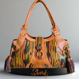 Sharif Reptile Croc Embossed Satchel in Earthtones with Suede Tassels